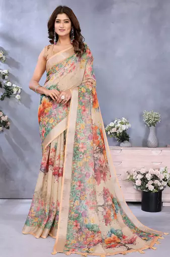 beige colour Elegant printed ready to wear linen shimmer saree with designer blouse