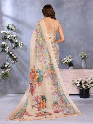 beige colour Elegant printed ready to wear linen shimmer saree with designer blouse 4