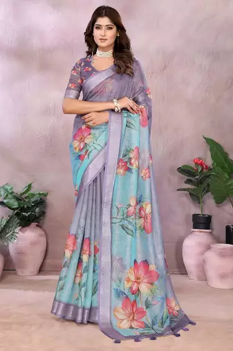sky blue colour Elegant printed ready to wear linen shimmer saree with designer blouse