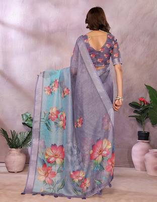 sky blue elegant printed ready made linen shimmer saree with designer blouse 2
