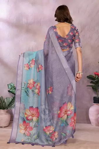 sky blue elegant printed ready made linen shimmer saree with designer blouse