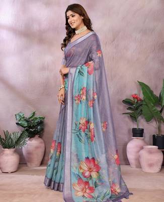 sky blue elegant printed ready made linen shimmer saree with designer blouse 3