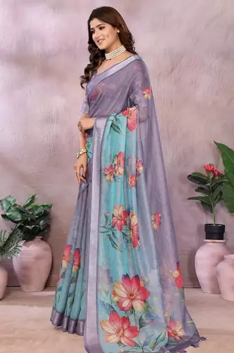 sky blue elegant printed ready made linen shimmer saree with designer blouse