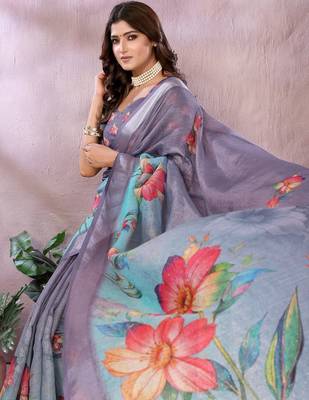 sky blue elegant printed ready made linen shimmer saree with designer blouse 4
