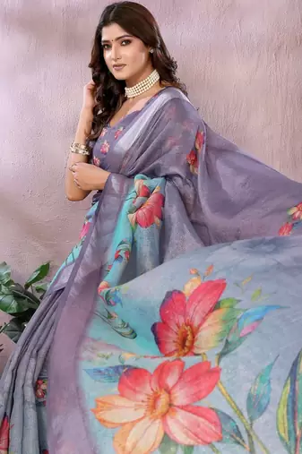 sky blue elegant printed ready made linen shimmer saree with designer blouse