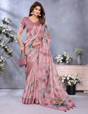 coral colour Elegant printed ready to wear linen shimmer saree with designer blouse 1