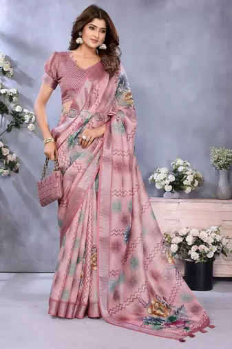 coral colour Elegant printed ready to wear linen shimmer saree with designer blouse