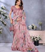 coral colour Elegant printed ready to wear linen shimmer saree with designer blouse