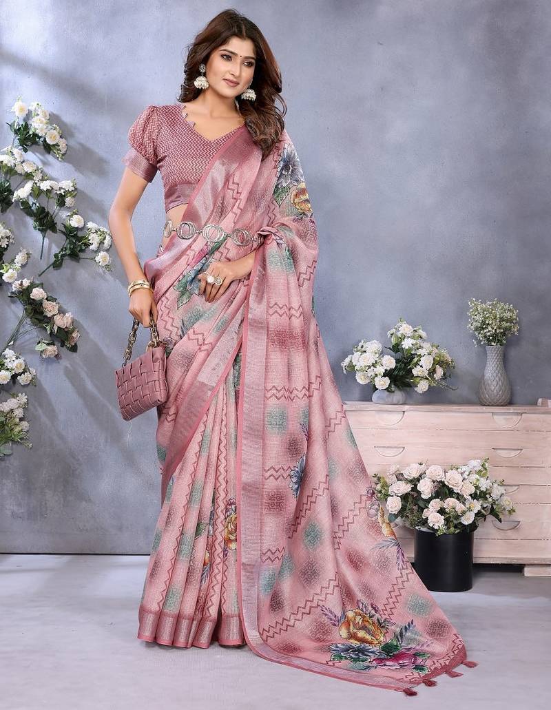 coral colour Elegant printed ready to wear linen shimmer saree with designer blouse