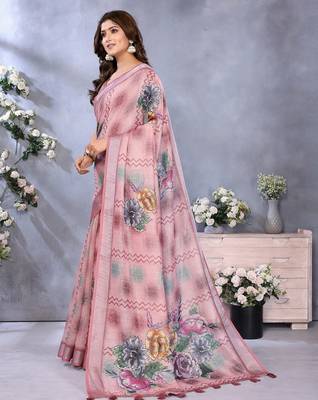coral colour Elegant printed ready to wear linen shimmer saree with designer blouse 2