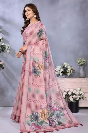 coral colour Elegant printed ready to wear linen shimmer saree with designer blouse