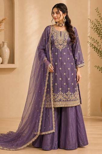 Purple fandy silk embroidered palazzo suit set