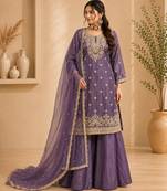 Purple colour fandy silk embroidered palazzo suit set