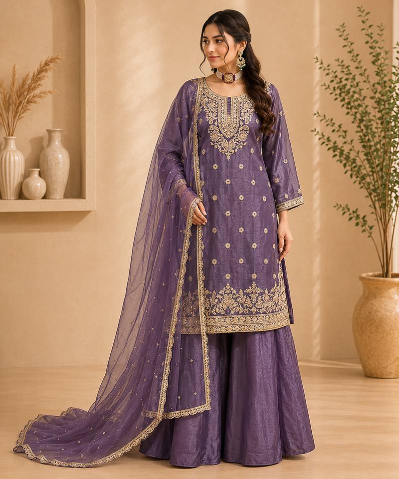 Purple colour fandy silk embroidered palazzo suit set
