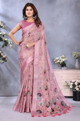 coral colour Elegant printed ready to wear linen shimmer saree with designer blouse