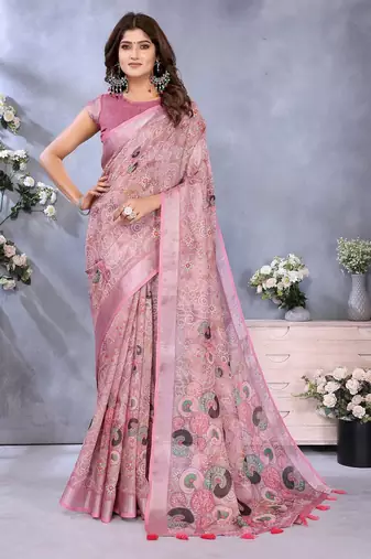 coral colour Elegant printed ready to wear linen shimmer saree with designer blouse