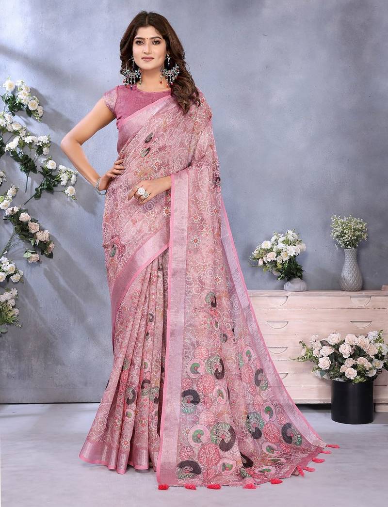 coral colour Elegant printed ready to wear linen shimmer saree with designer blouse