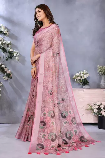 coral colour Elegant printed ready to wear linen shimmer saree with designer blouse