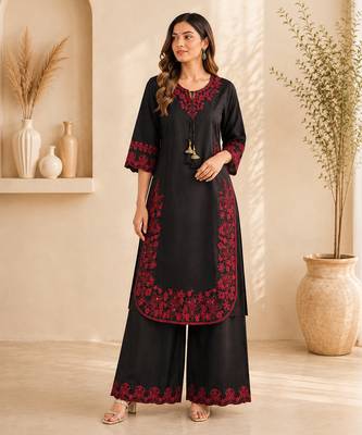 Black french crepe embroidered palazzo co-ord set 1