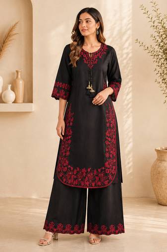 Black french crepe embroidered palazzo co-ord set