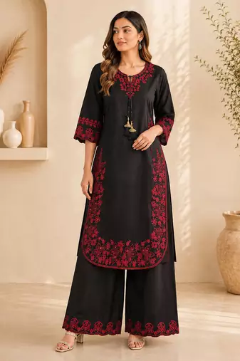 Black french crepe embroidered palazzo co-ord set