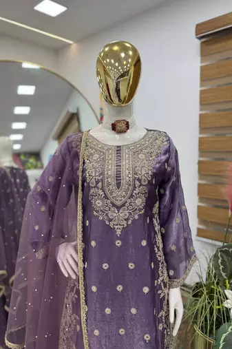 Purple fandy silk embroidered palazzo suit set