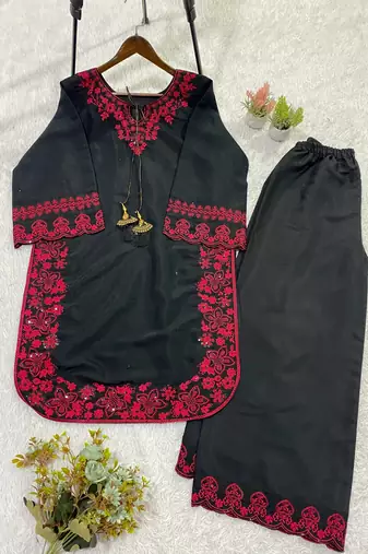 Black french crepe embroidered palazzo co-ord set