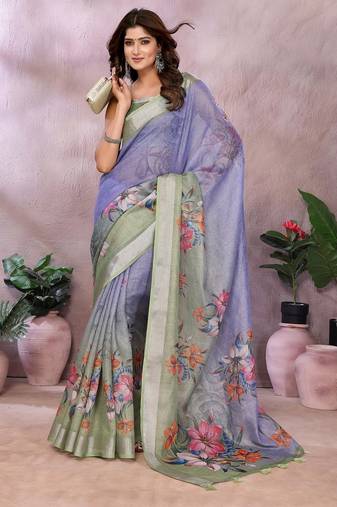 lavender colur Elegant printed ready to wear linen shimmer saree with designer blouse