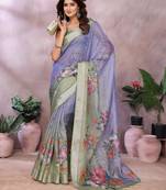lavender colur Elegant printed ready to wear linen shimmer saree with designer blouse