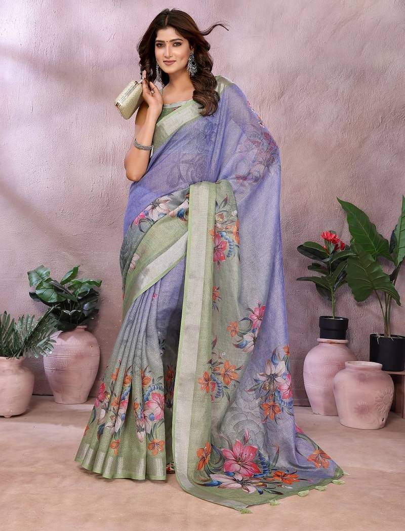 lavender colur Elegant printed ready to wear linen shimmer saree with designer blouse