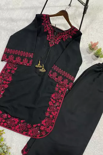 Black french crepe embroidered palazzo co-ord set