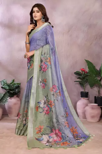 lavender colur Elegant printed ready to wear linen shimmer saree with designer blouse