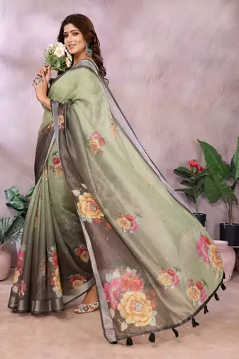 Elegant printed ready to wear linen shimmer saree with designer blouse