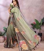 Elegant printed ready to wear linen shimmer saree with designer blouse