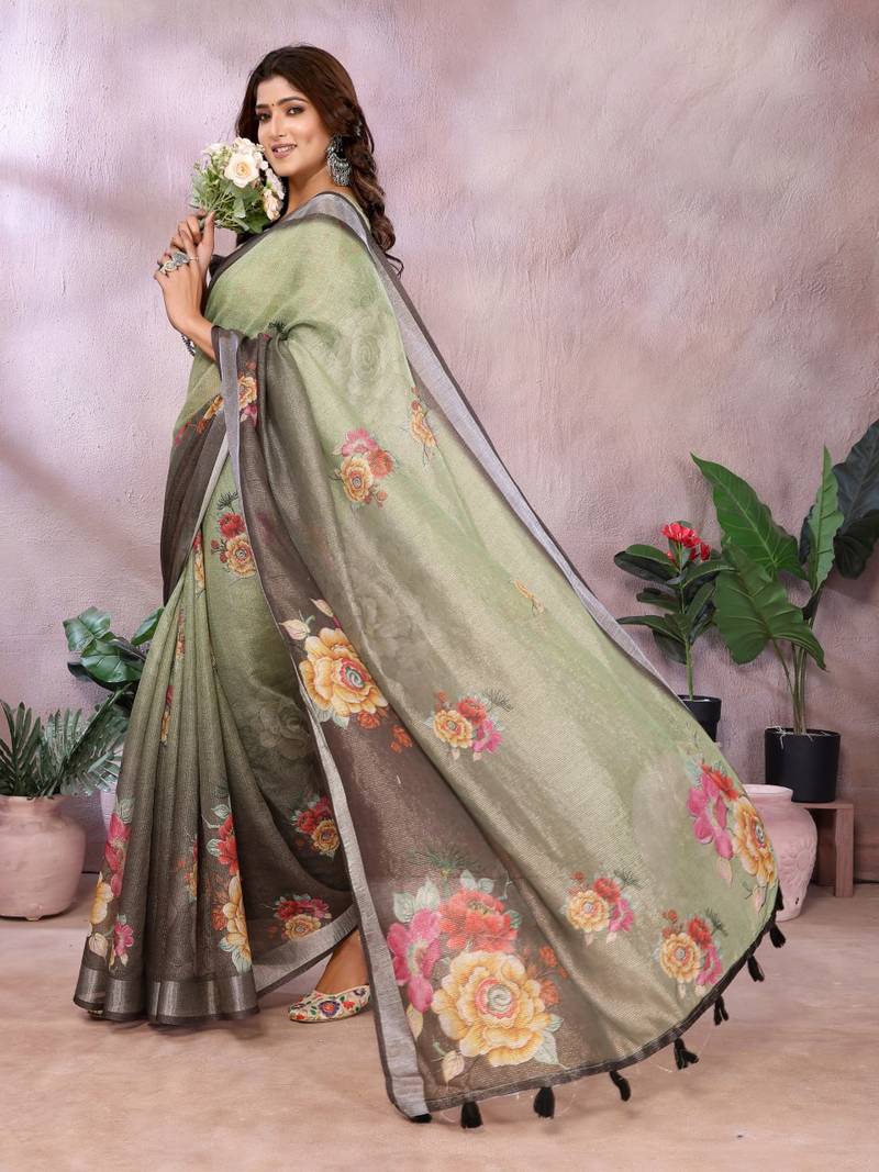Elegant printed ready to wear linen shimmer saree with designer blouse