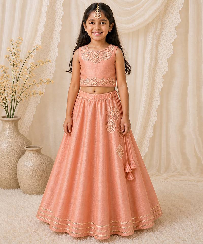 Peach embroidered organic cotton lehenga set