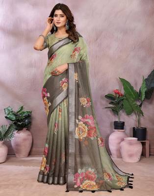 Elegant printed ready to wear linen shimmer saree with designer blouse 3
