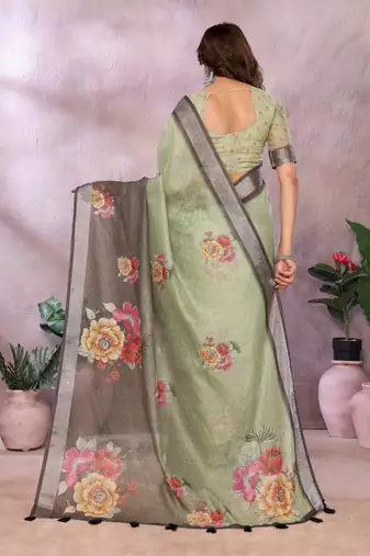 Elegant printed ready to wear linen shimmer saree with designer blouse