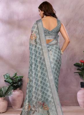 Elegant printed ready to wear linen shimmer saree with designer blouse 2