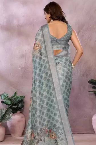 Elegant printed ready to wear linen shimmer saree with designer blouse