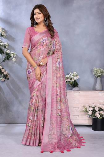 Elegant printed ready to wear linen shimmer saree with designer blouse