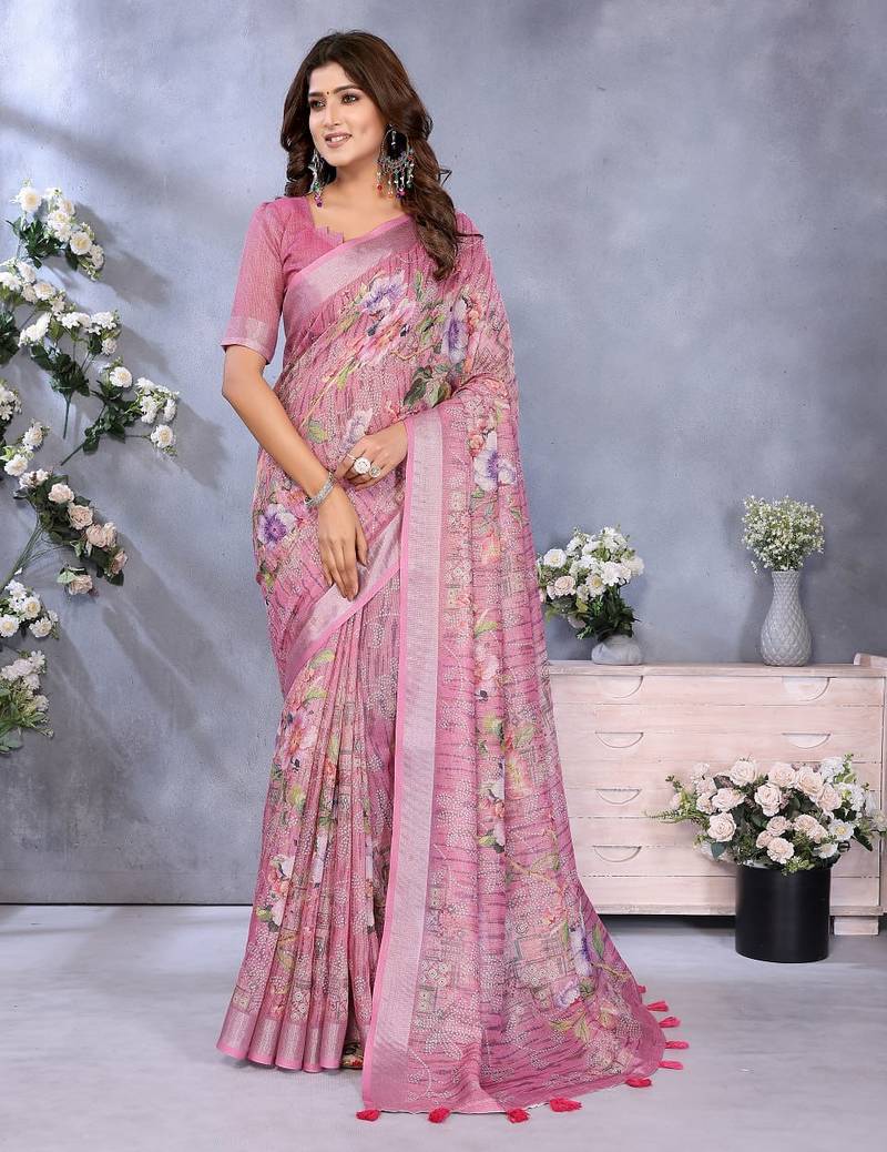 Elegant printed ready to wear linen shimmer saree with designer blouse