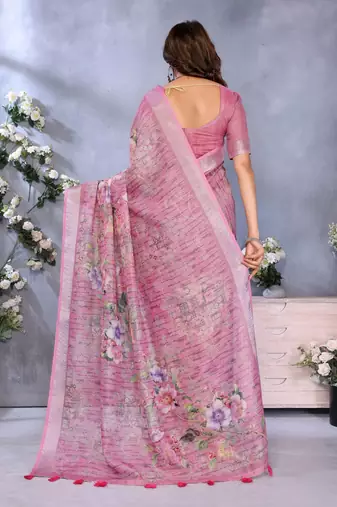 Elegant printed ready to wear linen shimmer saree with designer blouse