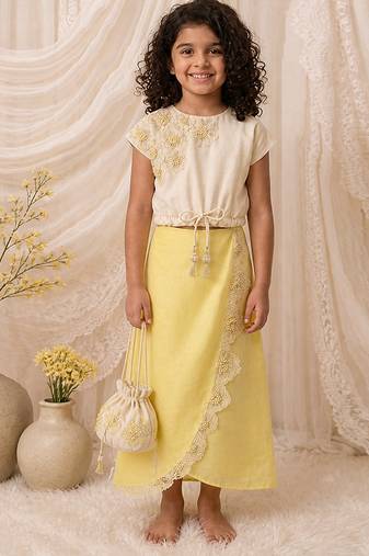 Ivory yellow embroidered modal satin co ord set