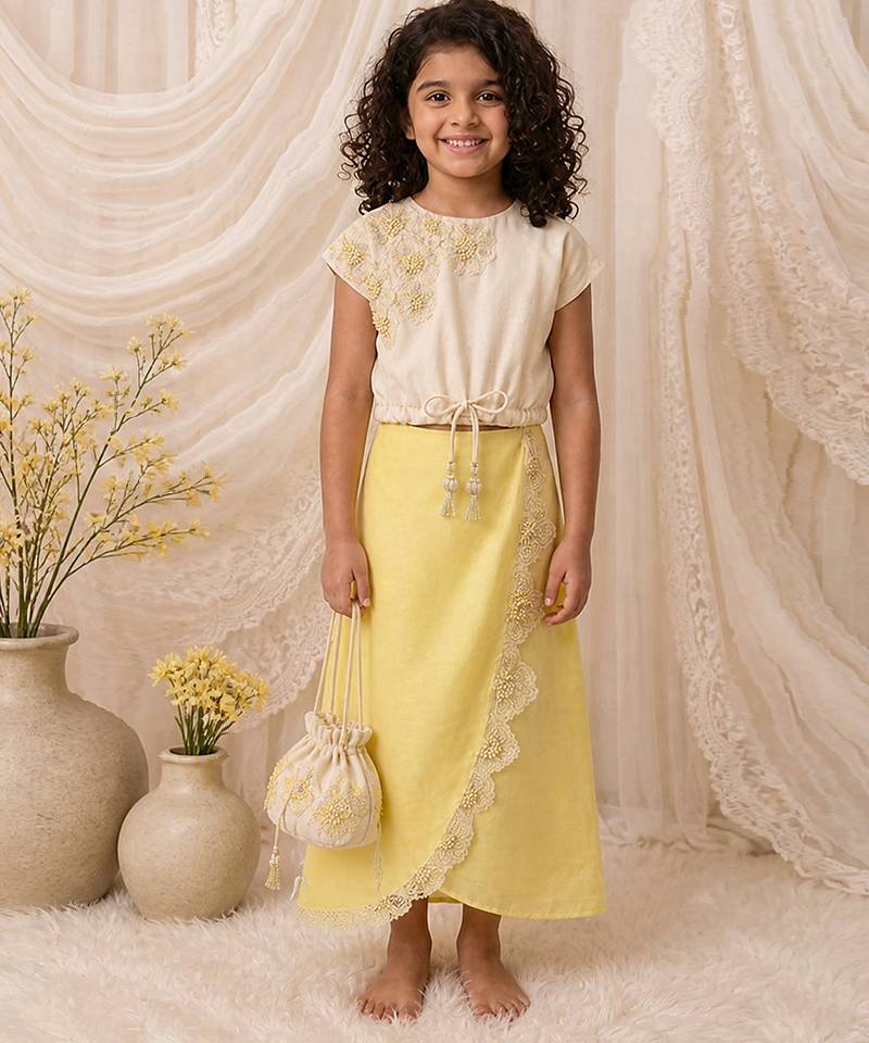 Ivory yellow embroidered modal satin co ord set