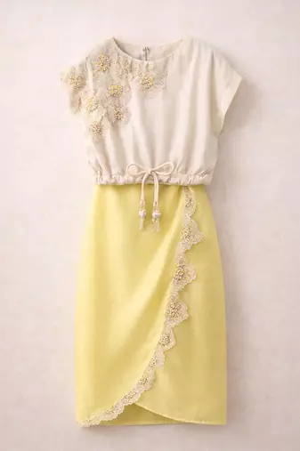 Ivory yellow embroidered modal satin co ord set