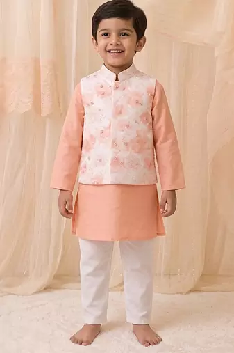 Peach printed chanderi kurta jacket set