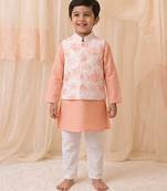 Peach printed chanderi kurta jacket set