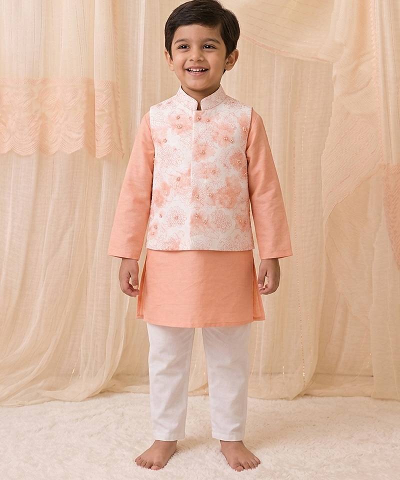 Peach printed chanderi kurta jacket set