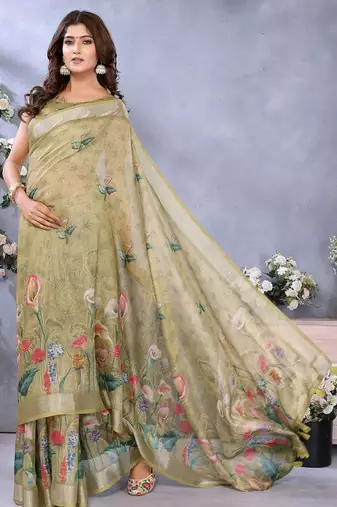 Elegant printed ready to wear linen shimmer saree with designer blouse